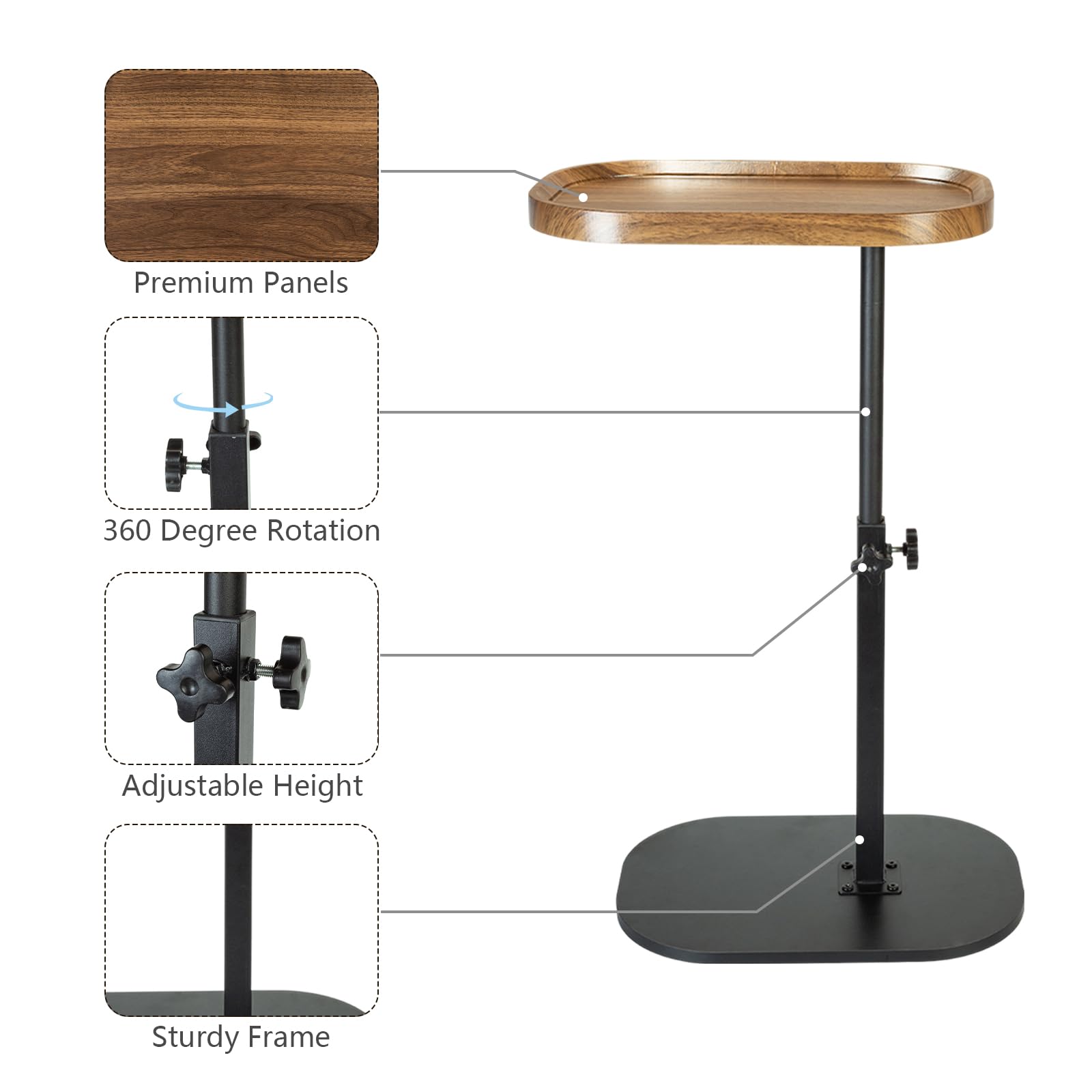 C Shaped Side Table, Adjustable Height C Shaped End Table, 360°Swivel Couch Side Tables That Slide Under, Modern Small Coffee C Table End Table For Sofa /Bed/Bathtub, Rotating Tabletop (Walnut