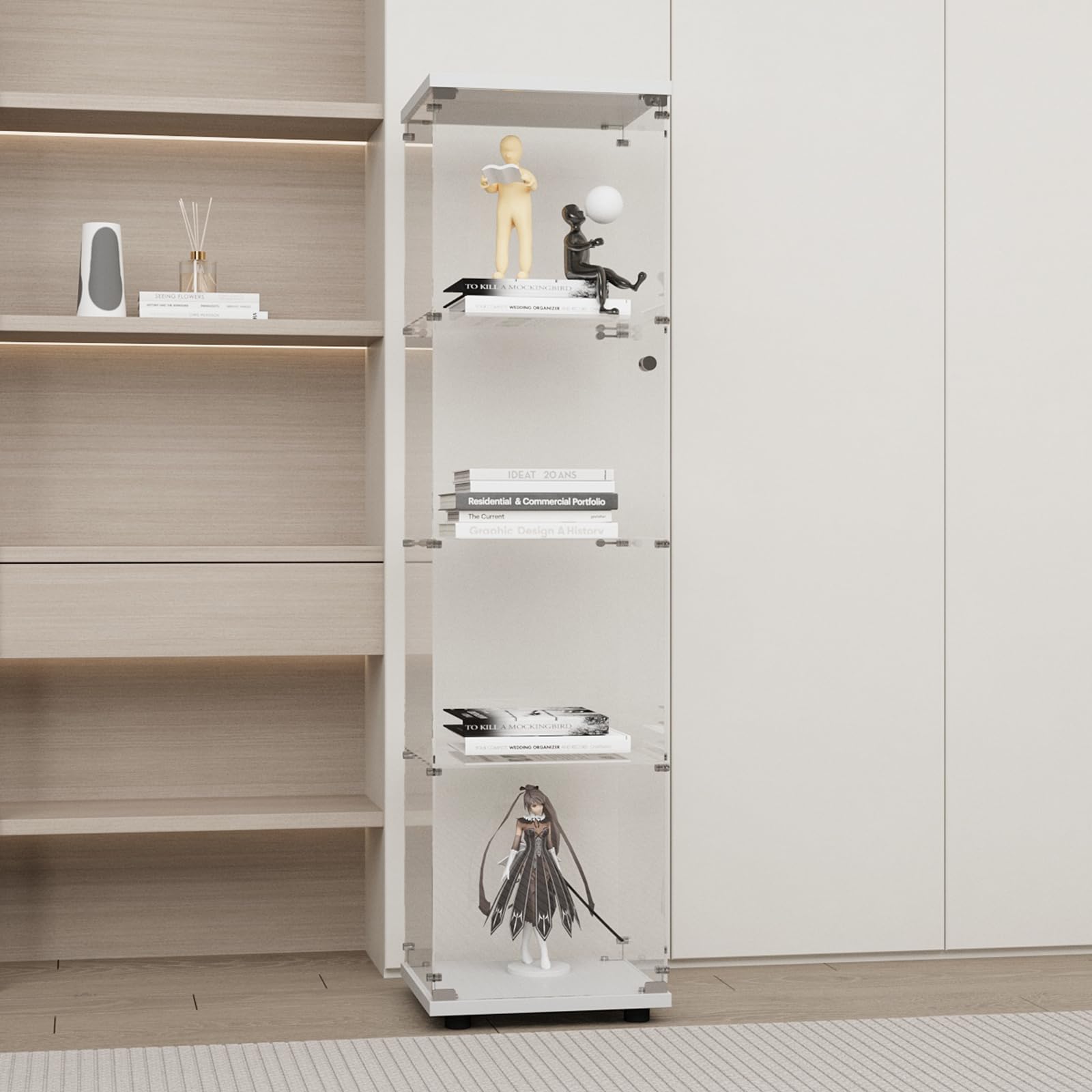 GDJAASJI Display Cabinet with Glass Door and Lock, 4-Shelf Fast Installation Curio Cabinets with 5mm Tempered Glass Floor Standing Bookshelf for