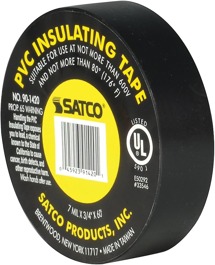 Satco 90/1420 PVC Insulating Electrical Tape, 60' Length x 3/4" Width, Black
