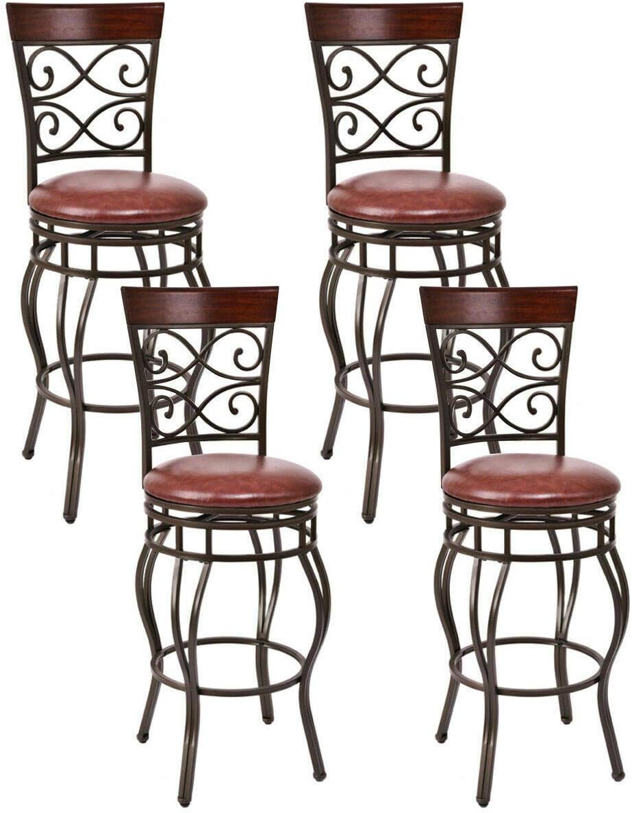 COSTWAY Bar Stools Set of 4, 360 Degree Swivel, 30" Bar Height Bar stools, with Leather Padded Seat Bistro Dining Kitchen Pub Metal Vintage Chairs with Back (Set of 4)