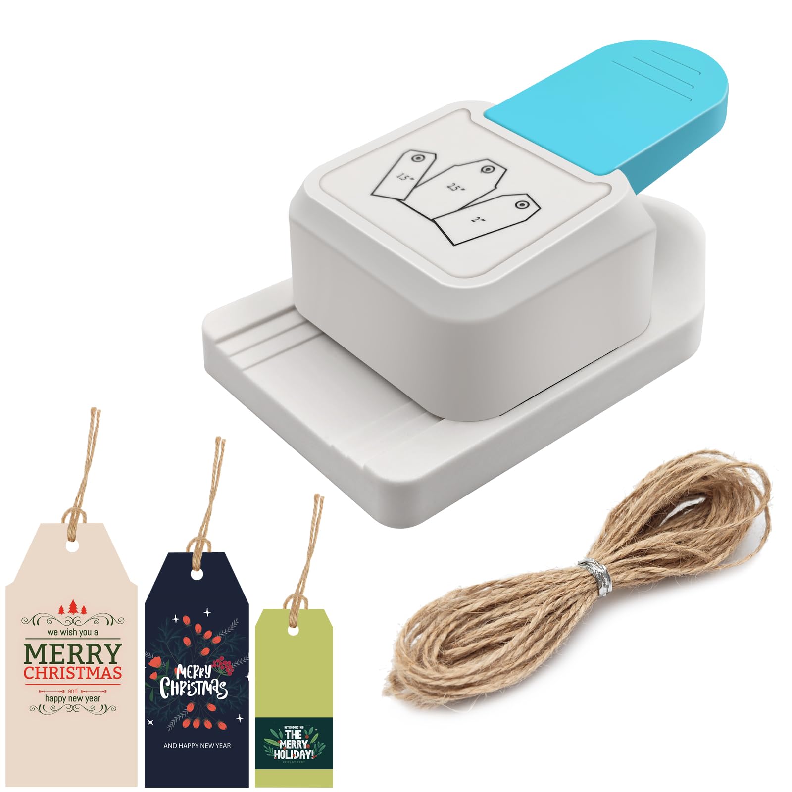 3 in 1 Craft Tag Punch Gift Tag Paper Punch，Paper Craft Tag Punch 1.5" 2" 2.5" with 1 Roll Hemp Rope 32.8 Feet Square Shape Small Hole Punch for Paper Crafting Scrapbooking Cards DIY Arts Crafts