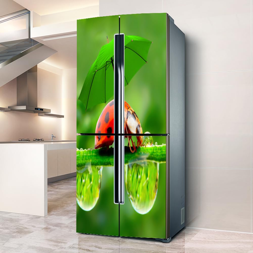 Fridge Sticker, Fridge Sticker Full Covering Door Covers Decor, Freezer Skins Wall Stickers for Kitchen Decal, Ladybugs with Green Umbrella(L: 100x180 cm)