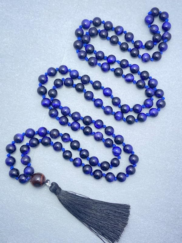 Natural AAA Afghan Lapis Lazuli 108 Beads Mala Necklace Healing 10mm Knotted Tassel Spiritual Protection Meditation Balance Japa Mala, blue, ABC10-94