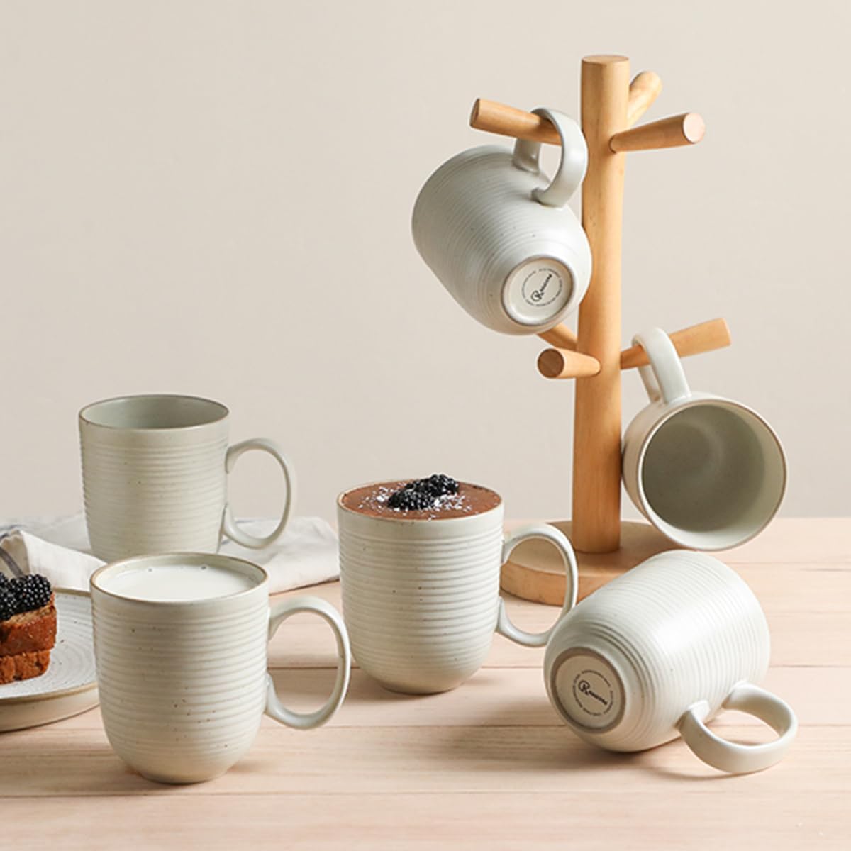 Kanwone Coffee Mugs 16 oz, Stoneware Mug Set, Ceramic Coffee Cups with Large Handles, Porcelain Mugs for Latte, Hot Tea, Cappuccino, Milk, Cocoa, Dishwasher Safe - Set of 6, Neutral White