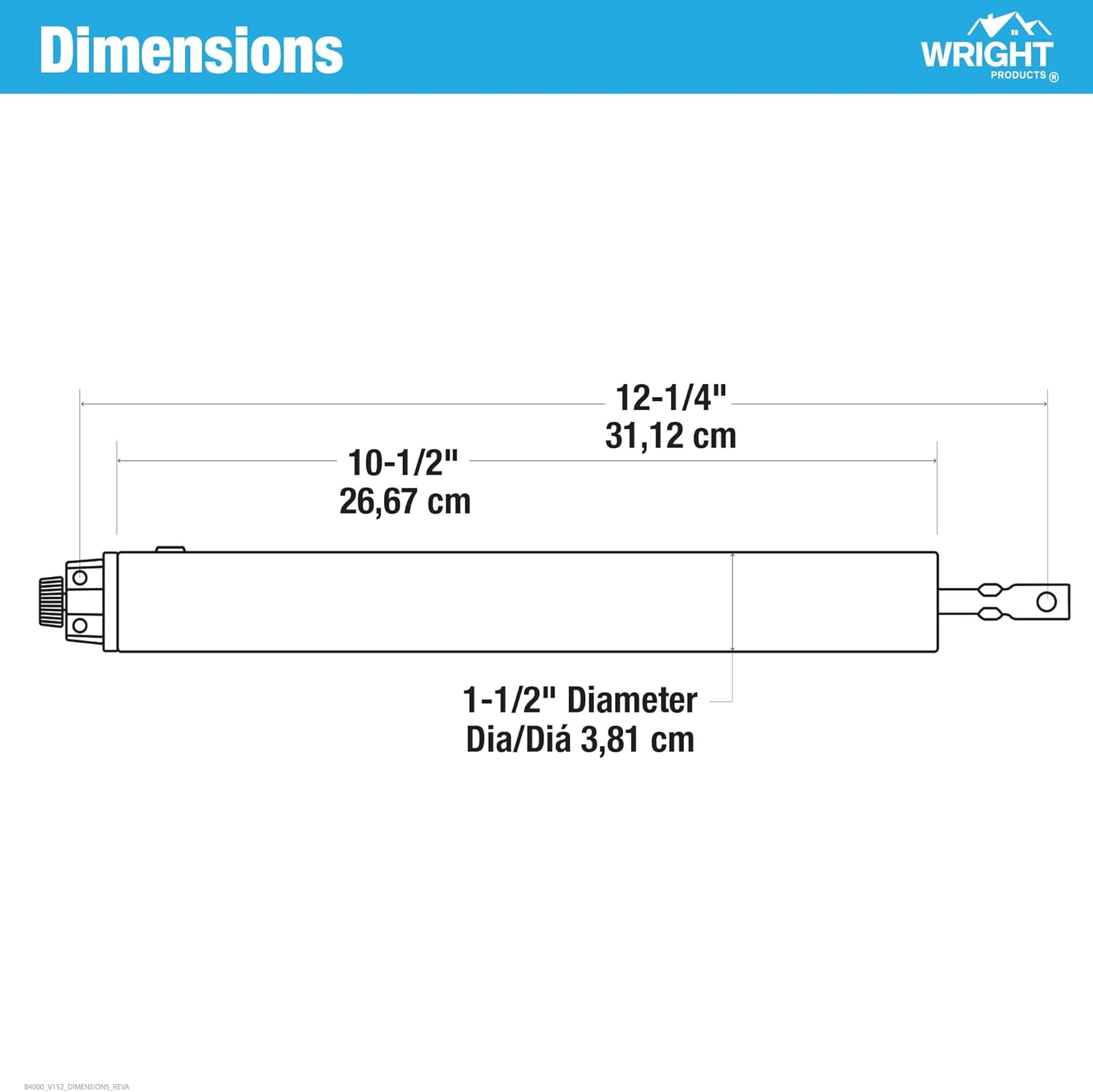Diagram showing the dimensions of the Wright Products Heavy-Duty Pneumatic Storm Door Closer.