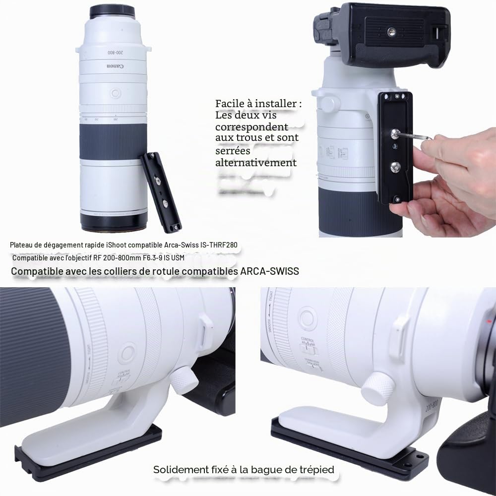 iShoot CNC Arca-Swiss Fit Plaque métal rotule rapide compatible Canon RF 200-800mm F6.3-9 IS USM Trépied