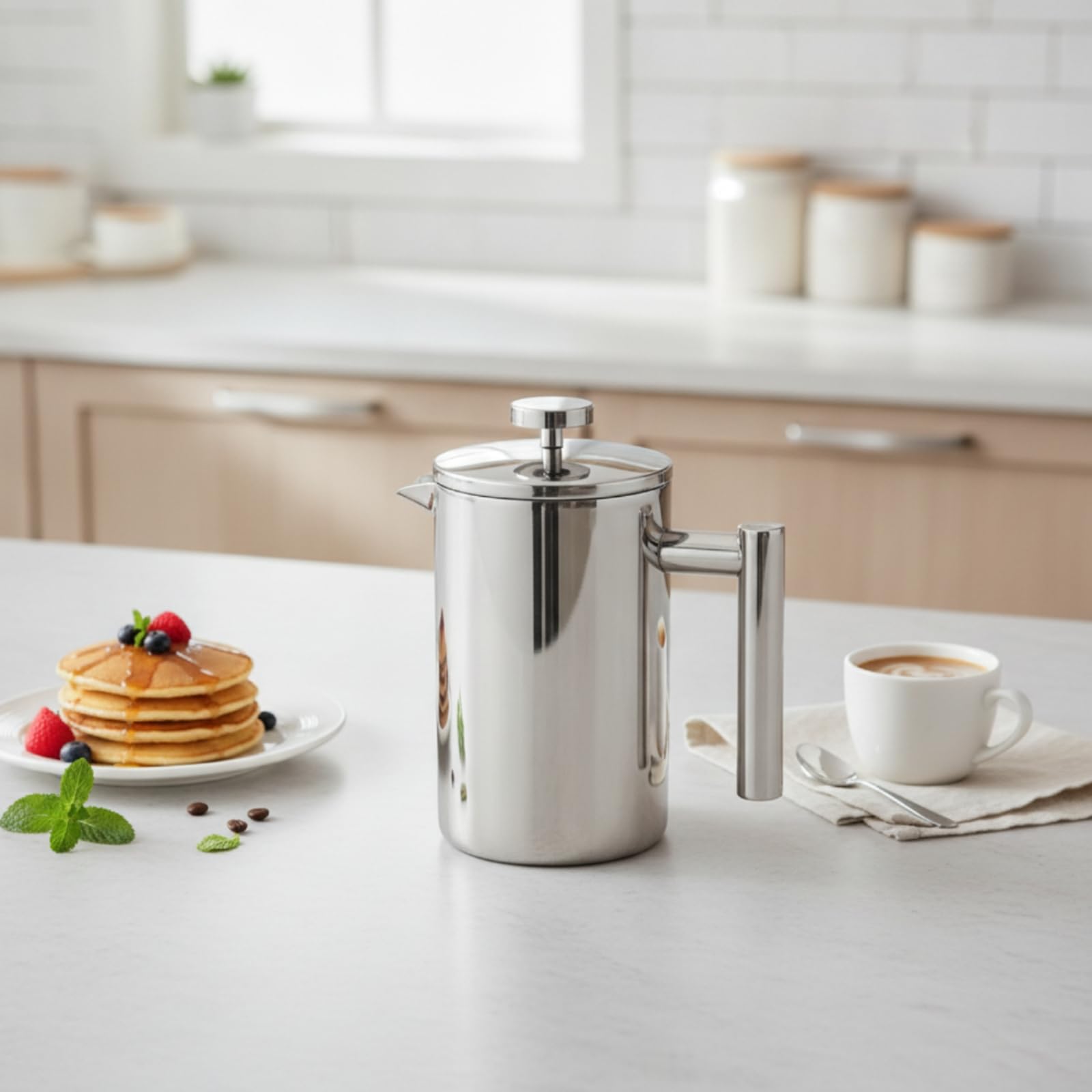 Caffettiera a Stantuffo in Acciaio Inox Riutilizzabile Caffettiera a Stantuffo Lavabile Infusore per Appassionati di Tè, Cucina, Campeggio, 1000ml