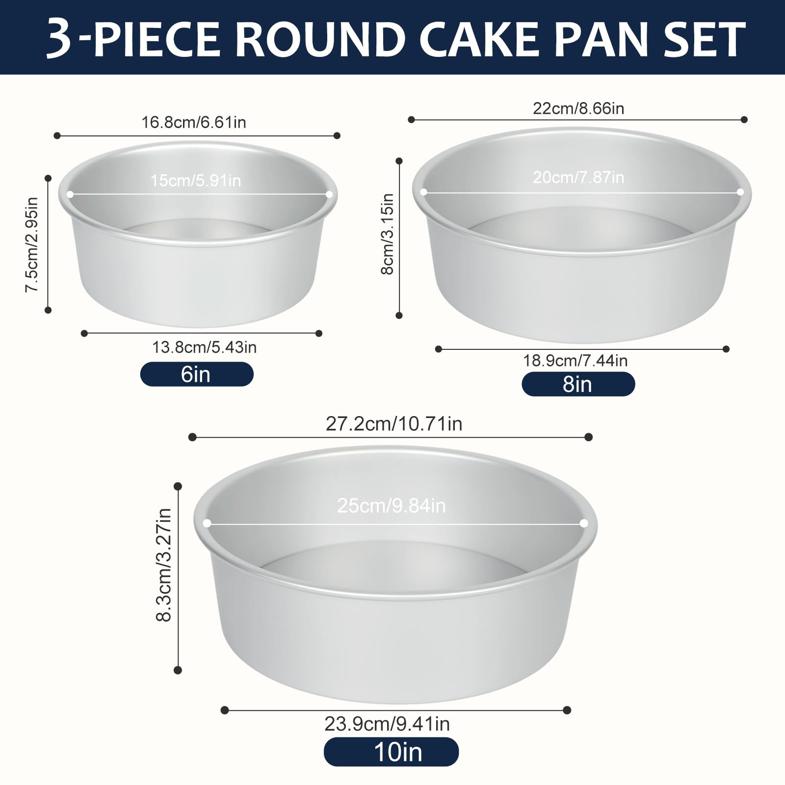 3 stampi rotondi per torte con fondo rimovibile, 15,2 x 25,3 x 25,4