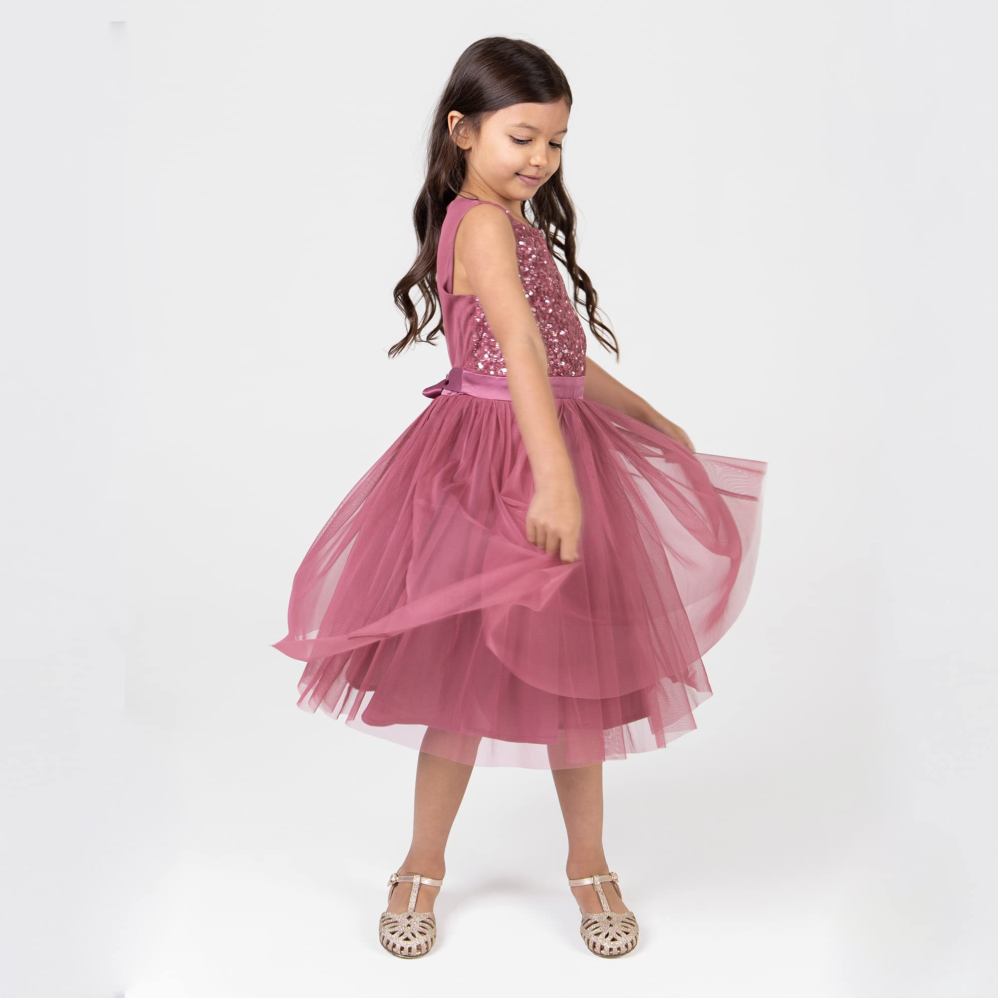 Maya Deluxe Vestido Midi para Niñas con Lentejuelas Adornadas para Fiesta, Tutú, Damas de Honor, Boda con Lazo para Cinturón Vestido Niñas