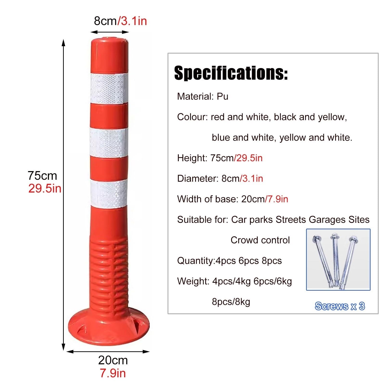 Poteaux de stationnement, 4/6/8 cônes de signalisation Flexibles de 74 cm avec Bandes réfléchissantes - Bornes de sécurité durables pour Le stationnement et Les Chantiers, pour Les trottoirs