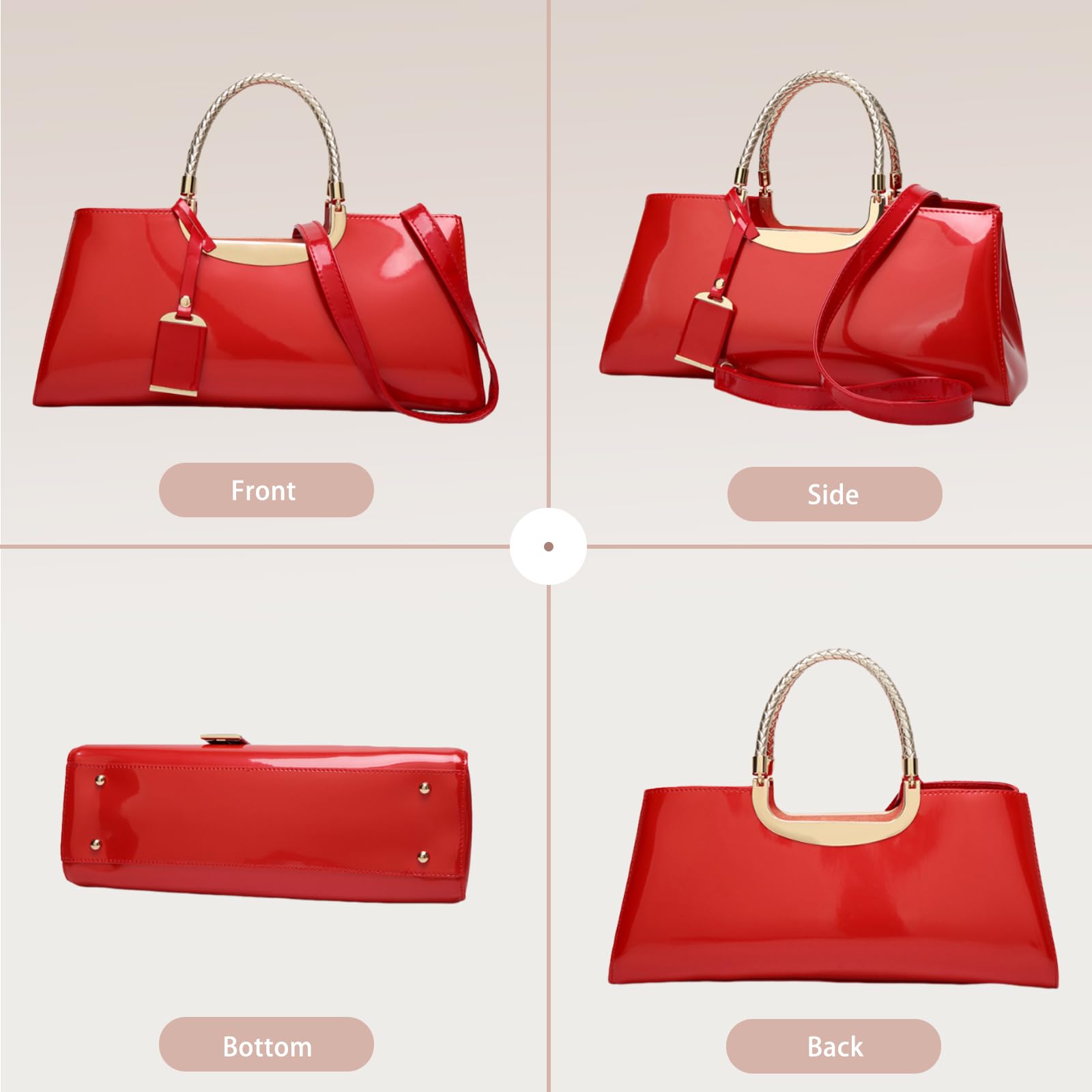 Damska Torba Typu Tote z Błyszczącej Lakierowanej Skóry PU Elegancka i Modna Torebka z Uchwytem na Górze Oraz Odpinanym Regulowanym Paskiem Róża Czerwona