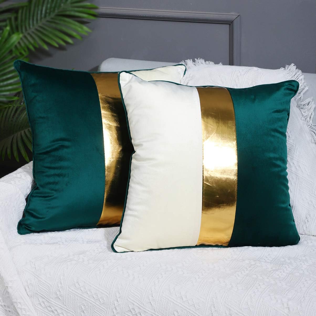 Teal Beige Gold Leather Patchwork Velvet Throw Pillow Cover 18x18 Set of 2 Luxury Modern Home Decor Cushion Cover Decorative Pillow for Couch Living Room Bedroom Car (Teal, 18x18)