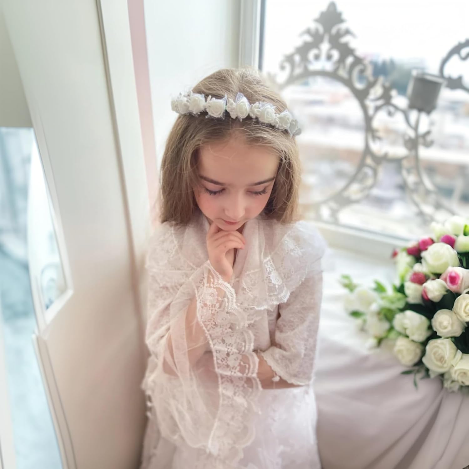 Merroyal White Rose Flower Crown, First Holy Communion Headpiece, Wedding Hair Wreath with Chiffon Berry Details (White, One Size) - Image 2