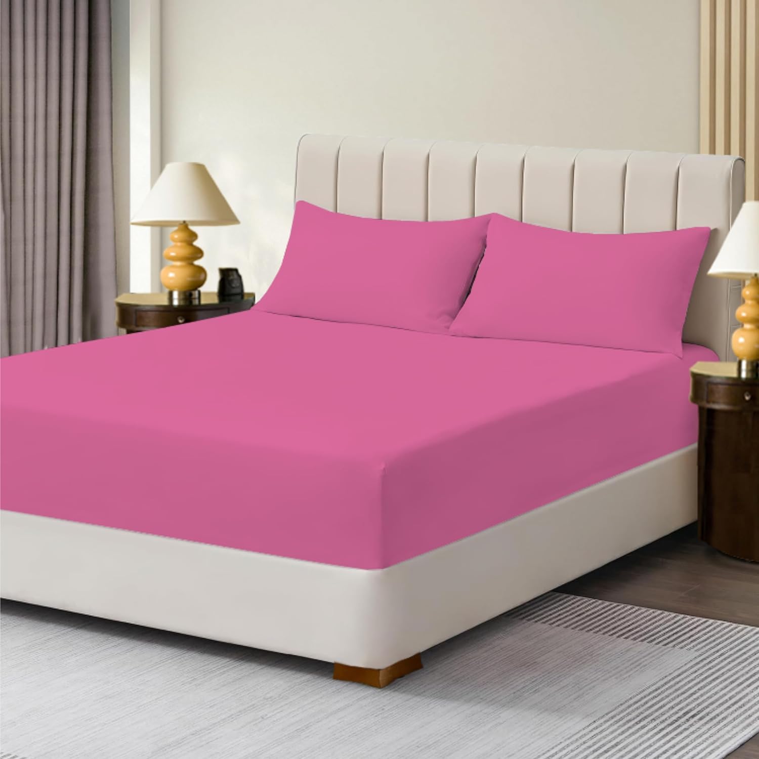 R&Z Fuscia Extra Deep Polycotton Non Iron Fitted Sheet Easy Care 40Cm (, Pillow Pair)