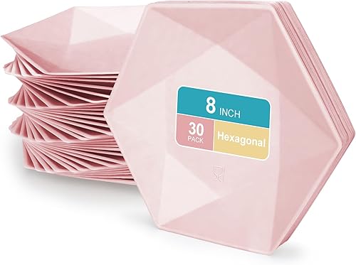 Platos de papel desechables de 8 pulgadas, paquete de 30 platos de ensalada hexagonal rosa, plato de postre biodegradable resistente para bodas,