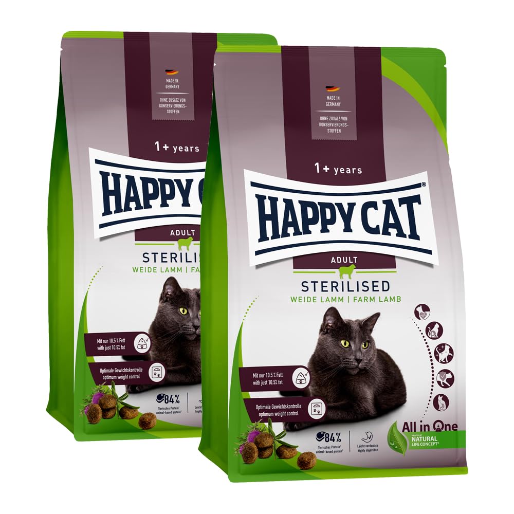 Happy Cat Sterilised Adult Weide Lamm M - Trockenfutter für sterilisierte Katzen und Kater - 2X 4 kg