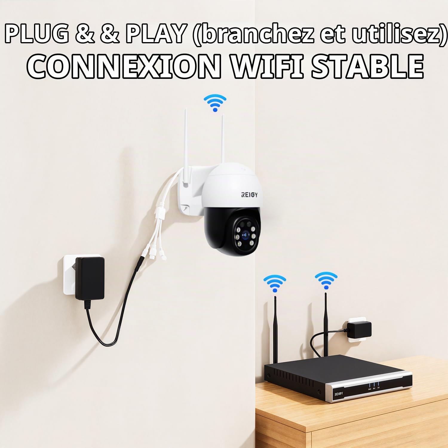 REIGY 5MP Caméra de Surveillance WiFi Extérieure PT 360°, IP Caméra de Sécurité sans Fil(2880 * 1620p) avec Détection Mouvements Vision Nocturne Couleur Audio Bidirectionnel Compatible NVR