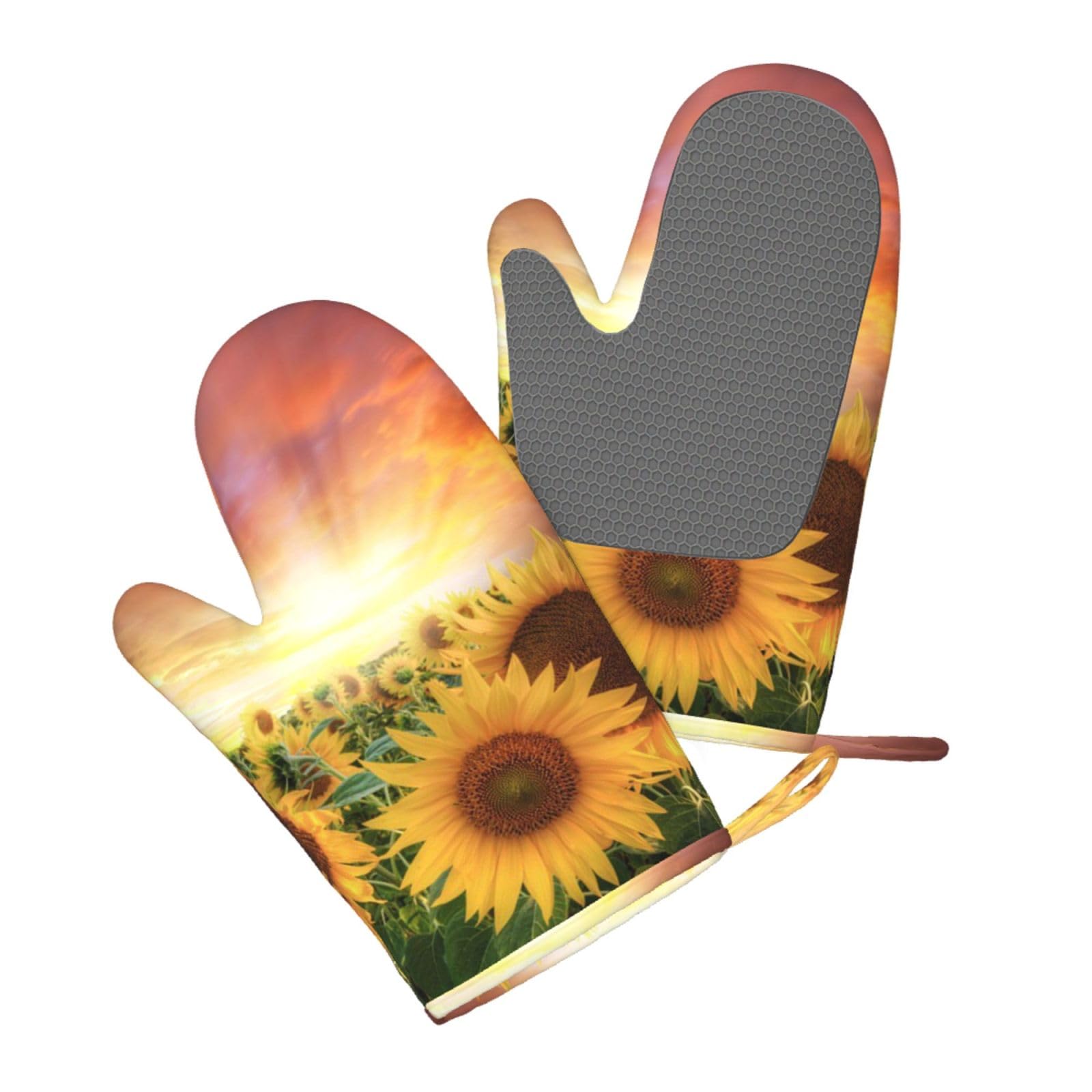 Aqrjlpo Women's Sunflowers Sunset Sunlight Landscape Silicone Oven Mitts Set 2Pcs, Printed Heat Resistant Non-Slip Silicone Oven Gloves For Kitchen Cooking Baking Microwave