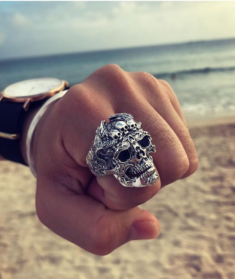 Punk Skull Ring for Men Vintage Crystal Skull Head Ring Gothic Death Skull Ring Adjustable Vintage Punk Rock Biker Jewelry for Men Halloween Goth Accessory - Image 2