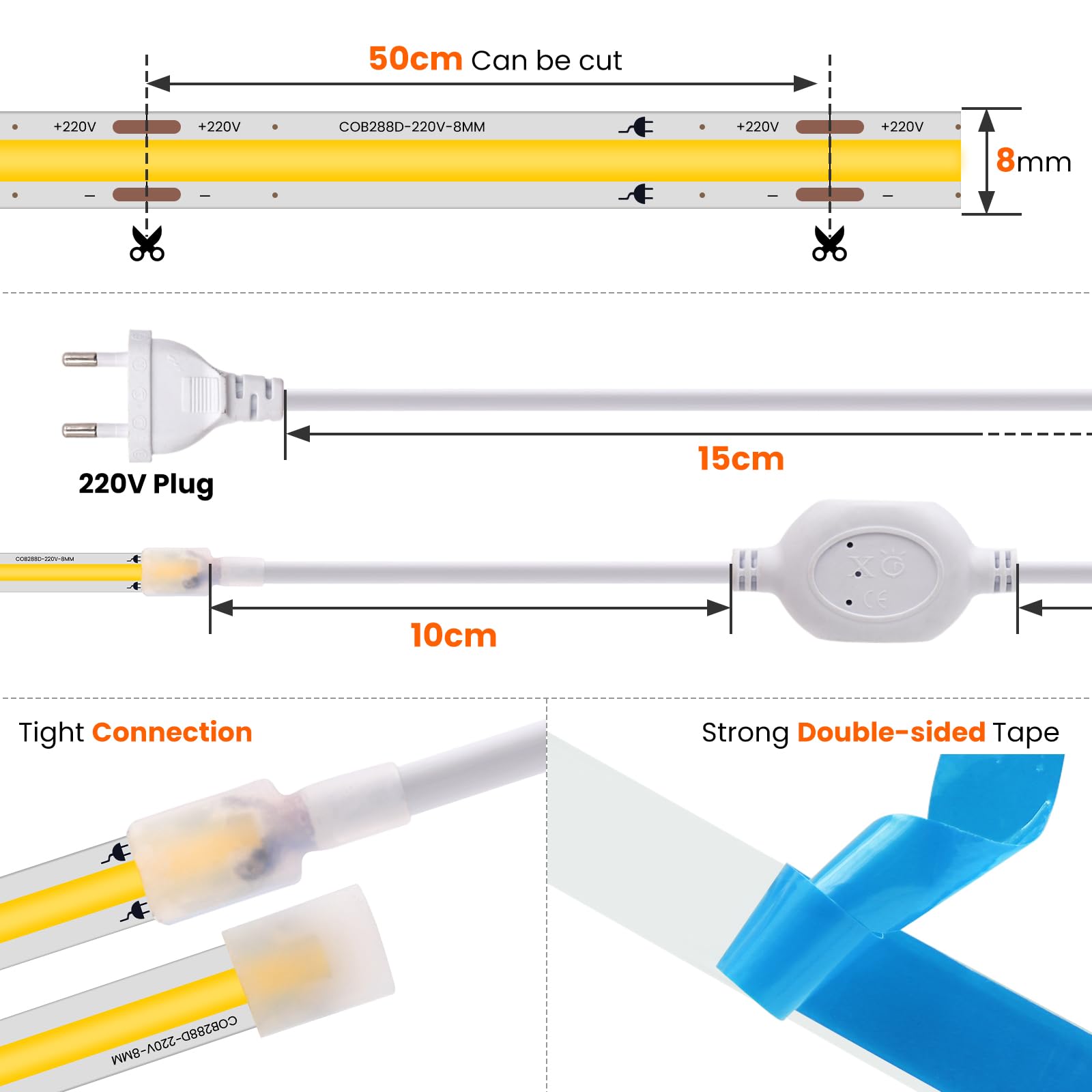220V COB LED Streifen 20M, 288 LEDs/m Flexible Superhell Naturweiß CRI≥85 LED Lichtband, IP65 LED Band Lichtschlauch Leiste Kette Selbstklebend mit Stecker für Schlafzimmer, Schrankbeleuchtung
