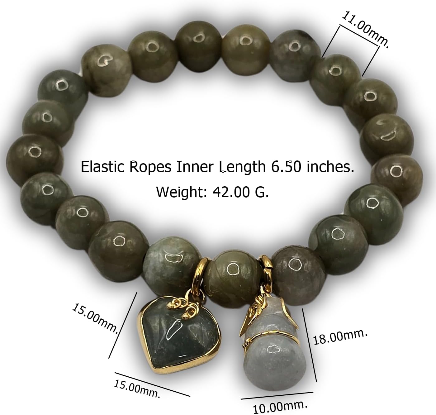 Natural Green Jade Bracelet for Women – Real 11mm Jade Beads for Good Luck, Wealth & Positive Energy – Heart & Gourd Charms – 6.5" Stretch – Spiritual Lucky Gift with Red Pouch - Image 3