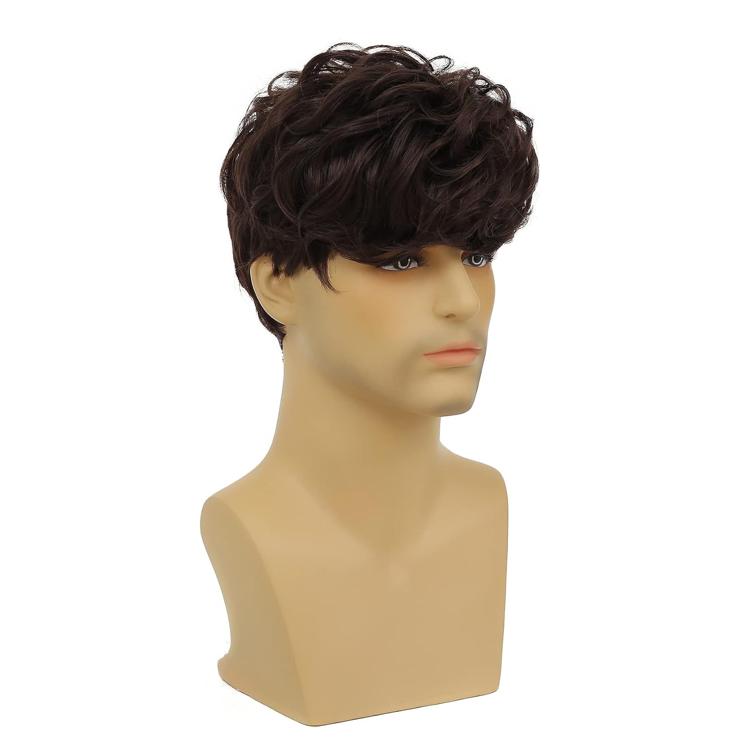 Tseses Mens Curly Brown Wig Short Fluffy Natural Layered Hair with Bang Costume Halloween Cosplay Party Synthetic Wig