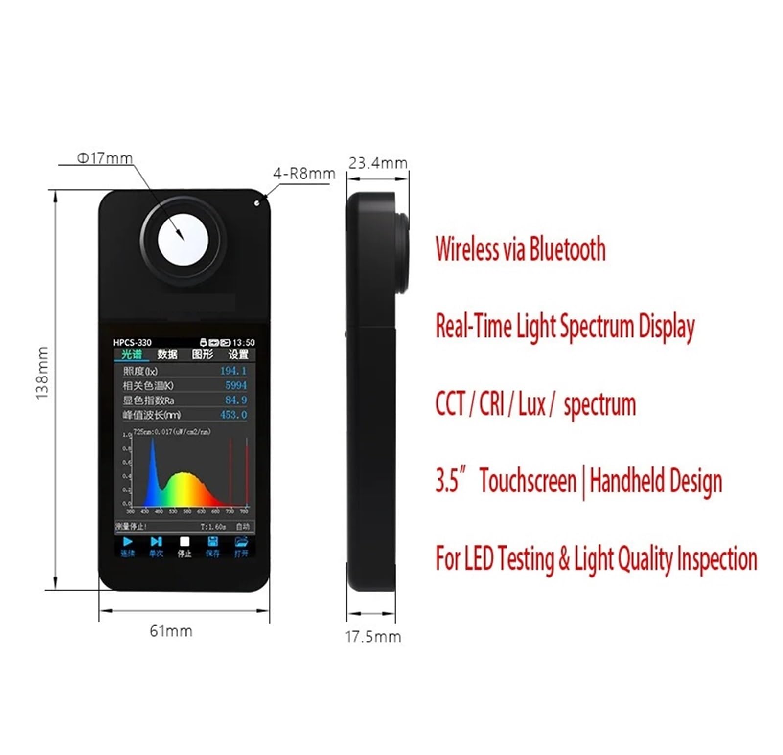 Espectrofotómetro, Espectrómetro HPCS-330: Medidor De Luz Portátil Inalámbrico Y Analizador Espectro LED Con Pantalla En Tiempo Real