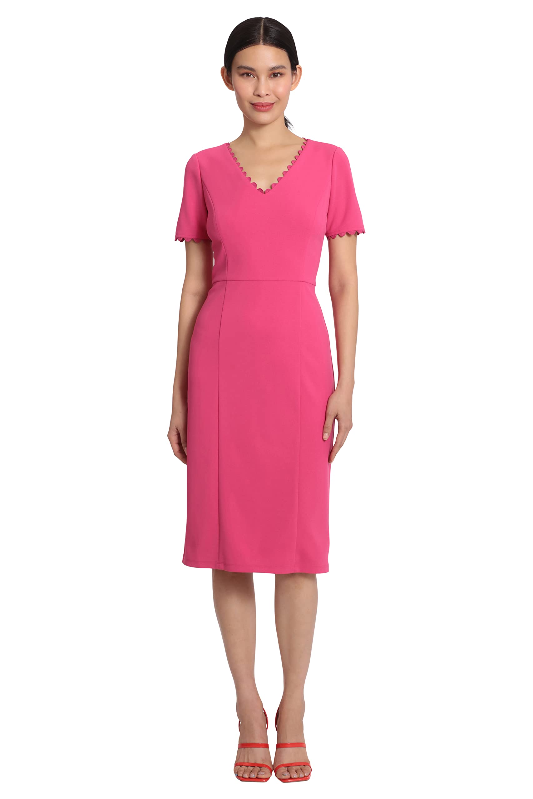 Maggy London Womens Scallop Trim V-Neck and Short Sleeve Desk to Dinner Office Workwear Event Occasion Guest of