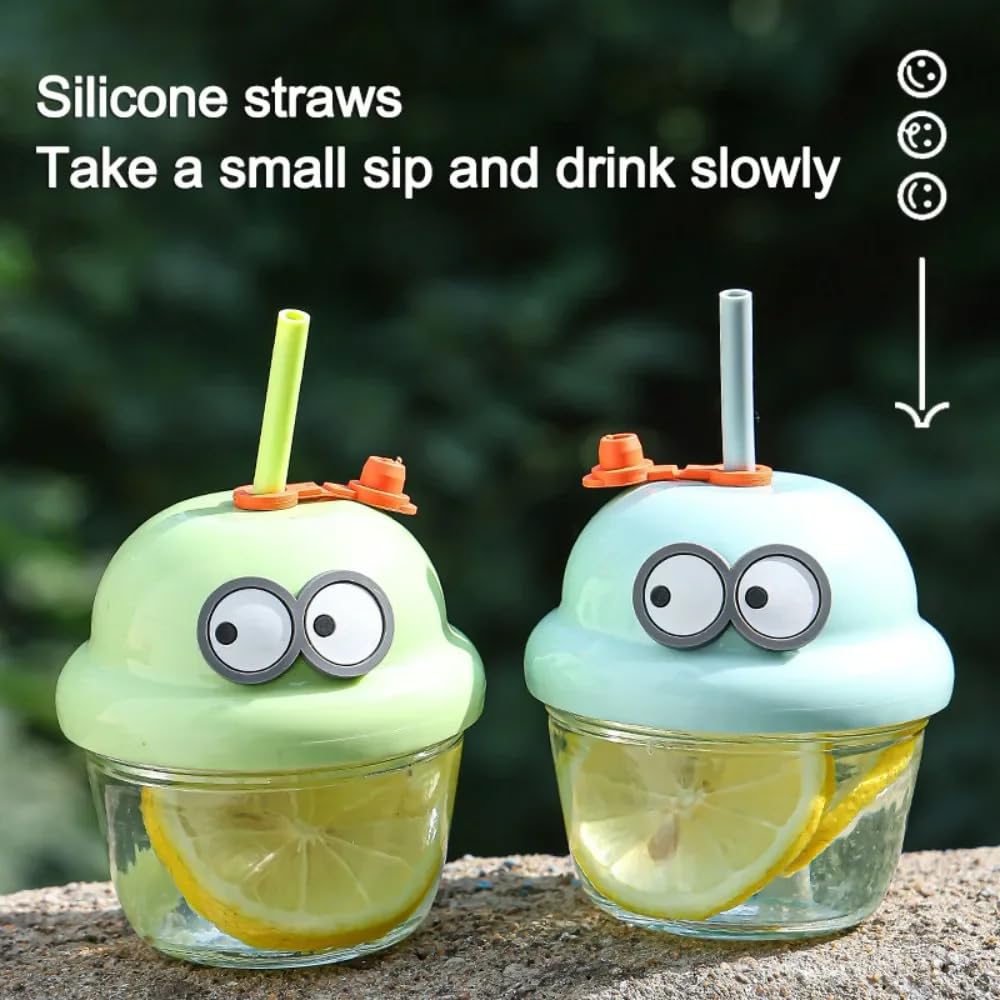 Avastro 210ml Dundun Cup Cartoon Glass Cup with Lid and Straw Bubble Tea Cup Juice Glass Milk Mocha Cups Breakfast Mug Drinkware Pack of 2 3