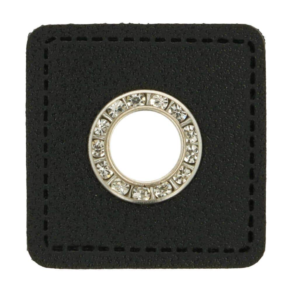 Pain-is-Art - Toppe in ecopelle con occhielli per cordoncino, in pelle, forma quadrata, con strass, colore nero, 8 mm, colore argento con strass, confezione da 10 pezzi, alternativa alla vera pelle
