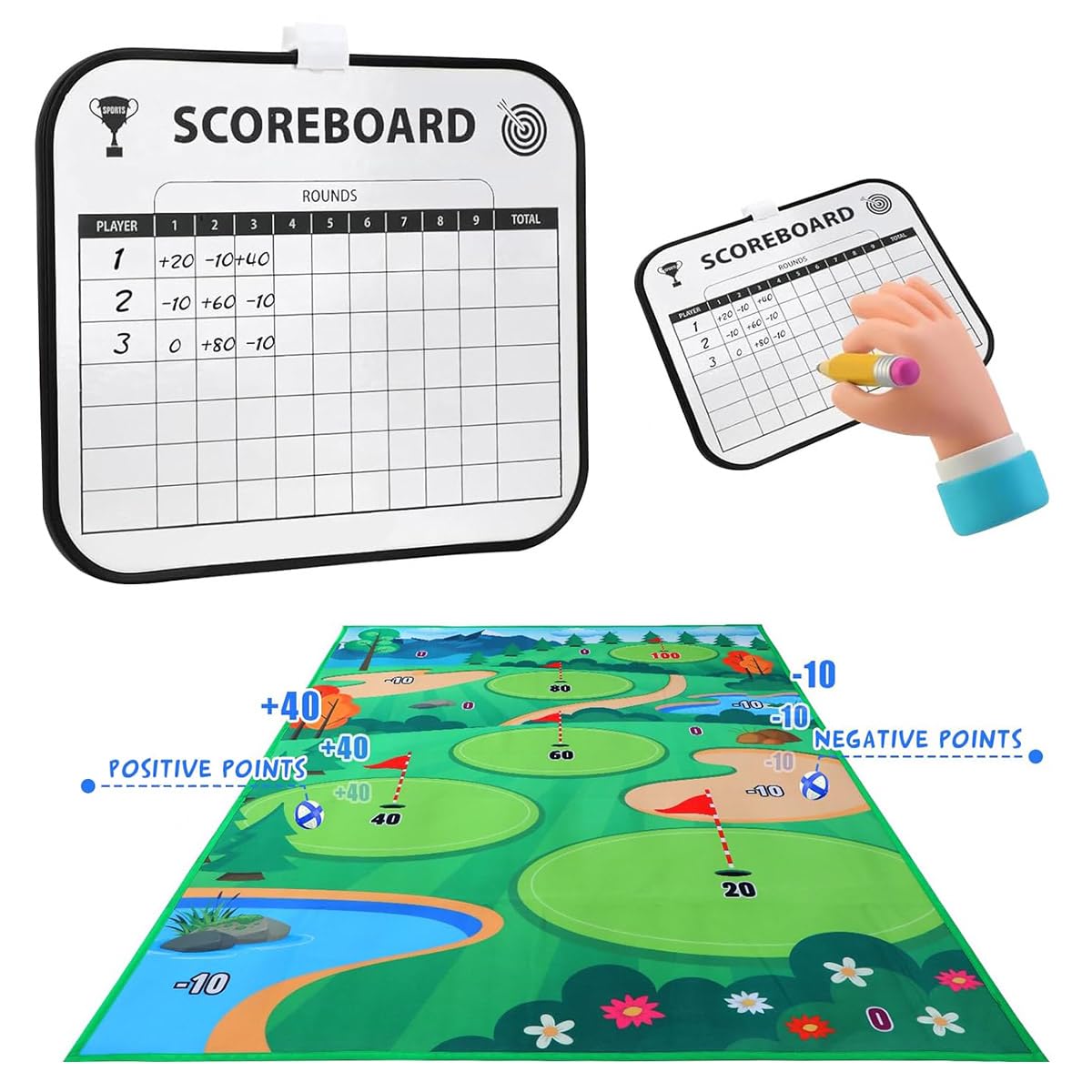 Golf Teing Game with 2 Clubs, 70 x 70 Inch Practice Mat Indoor Outdoor for Children Adults Family, with 20 Balls and 1 Score Board Golf Set
