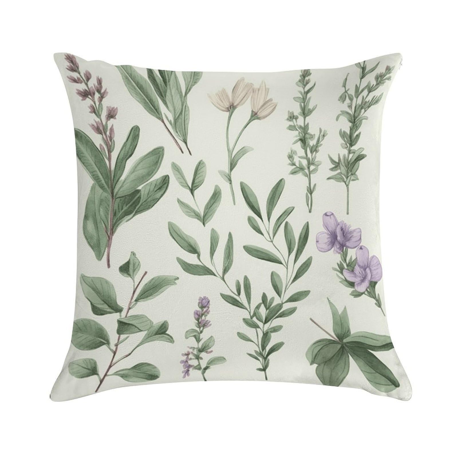 Green Flower Herb Sage Leaves And Branches Throw Pillow Cover Square Lumbar Throw Pillow Case Soft Decorative Cushion Cases Short Plush Pillowcase with Zipper Luxury Cozy Pillows Shams for All Seasons