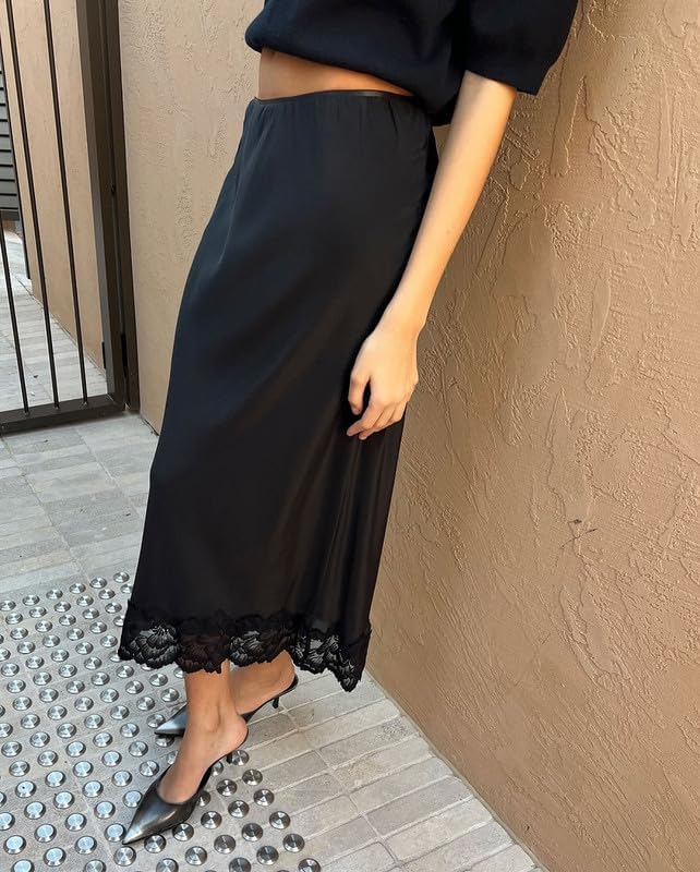 Women Silk Satin Half Slip Long Skirts Lace Patchwork Elastic Waist Long Skirt Elegant Silky Flowy A Line Midi Skirts - Image 2