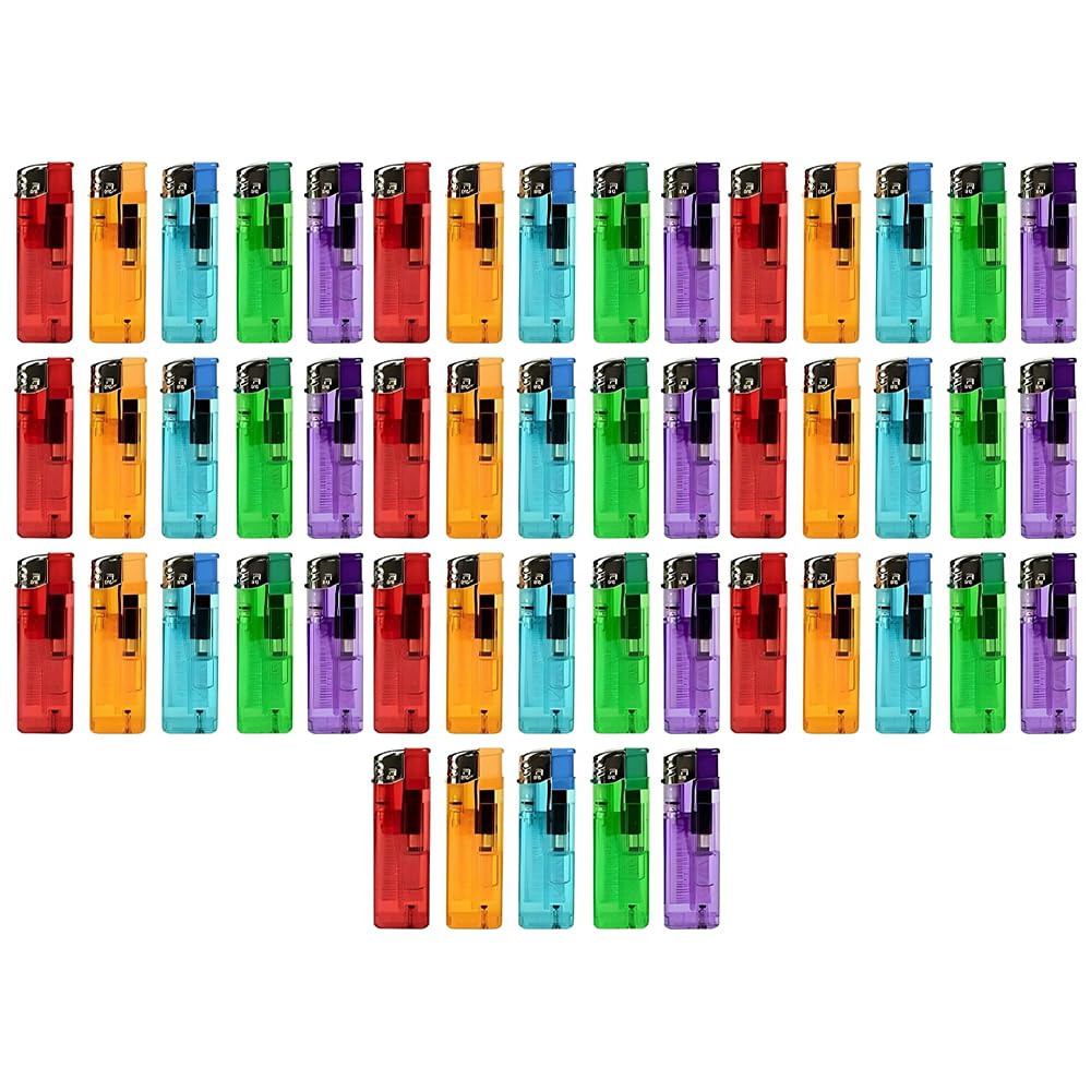 ASPIRE UK 50 Multicolour Electronic Lighter - Refillable & Child Safe with Adjustable Flame, Transparent Design, Long-lasting Performance, Ideal for BBQ, Camping, Kitchen Use