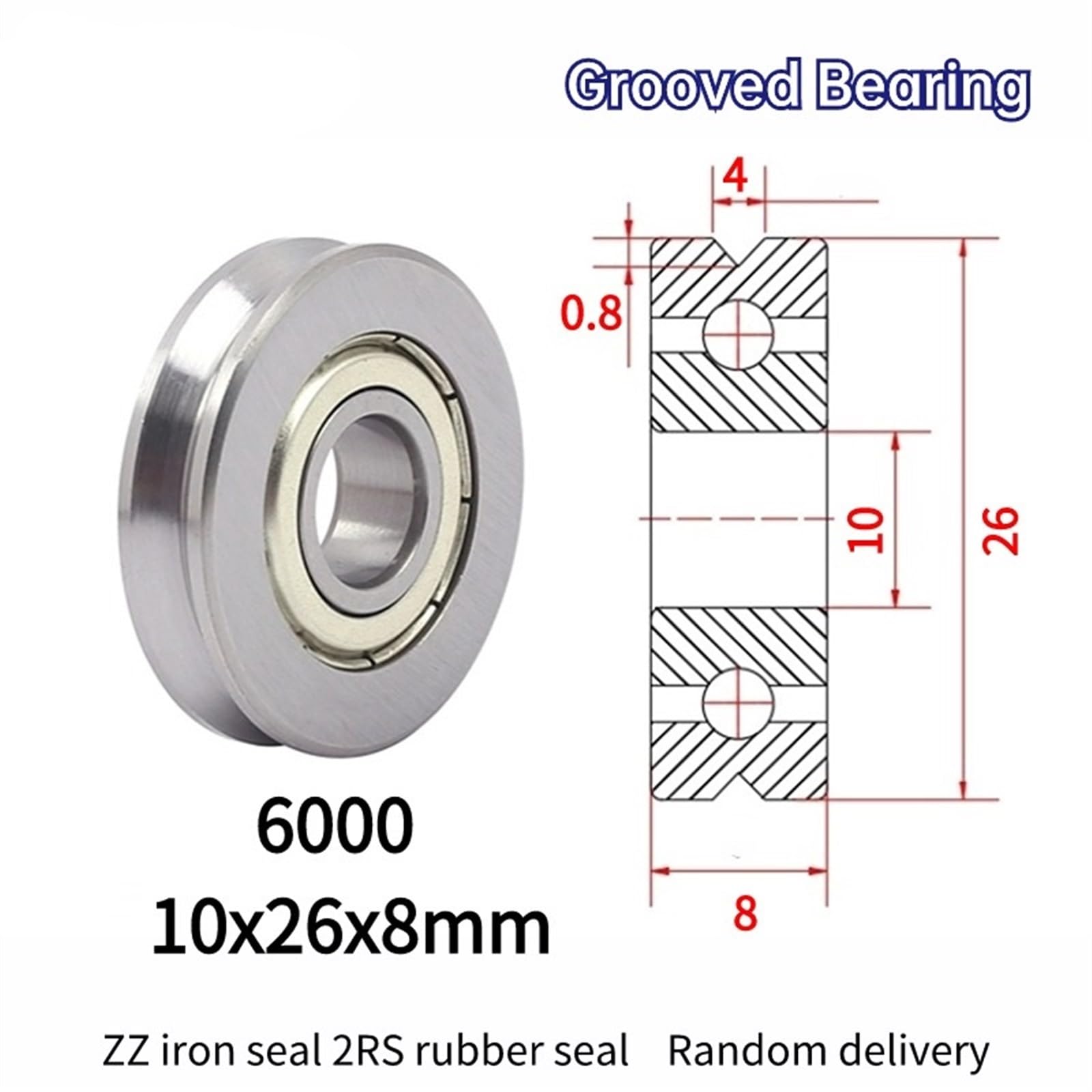 10 ruedas enderezadoras mixtas con rodamiento de ranura V6000, x 26 8 mm, polea tipo en V(U6000-4-0.8)