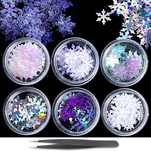 6 Boxes Christmas Snowflake Sequins Nail Art Glitter Ultrathin Winter Holographic Nail Sequins 3D Sparkly Diy Manicure Set Sticker Multicolor Design Makeup DIY Decoration