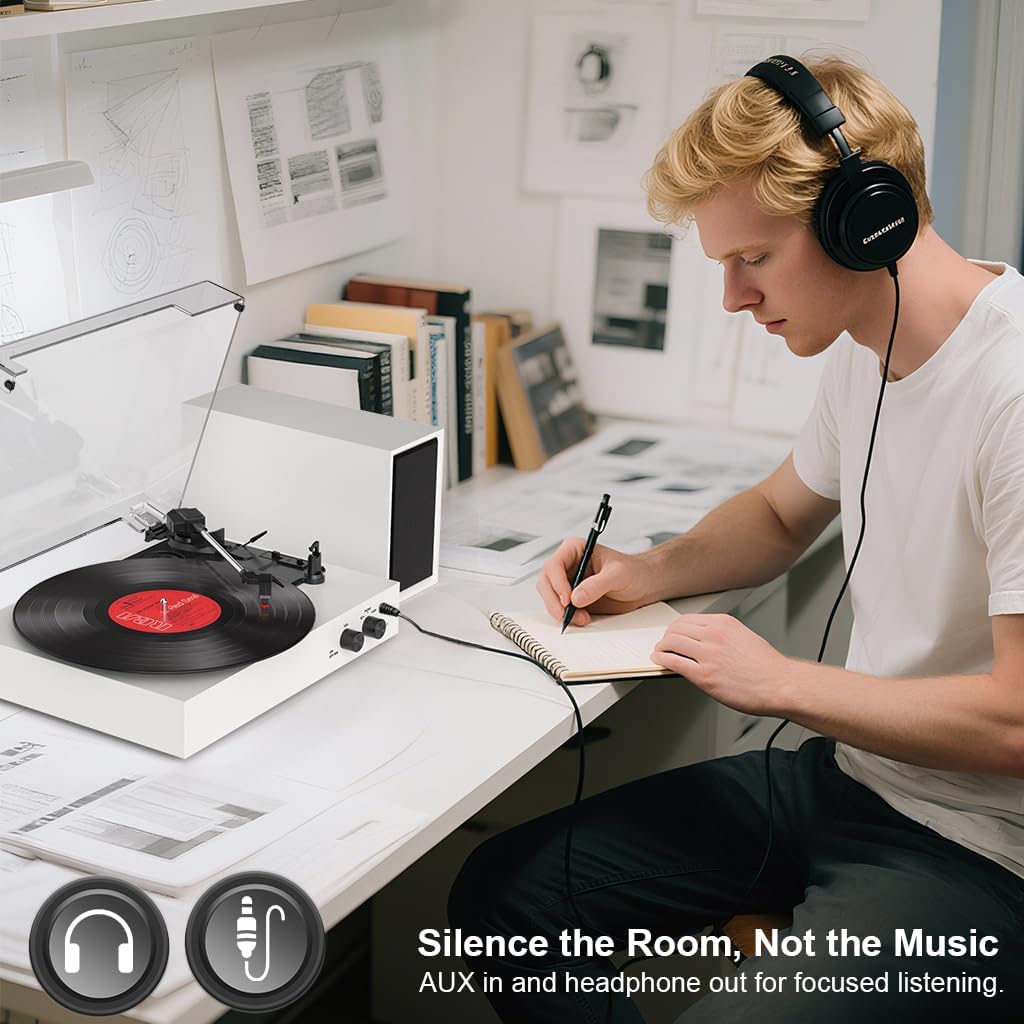 Record Player with External Speakers – Vintage Bluetooth Turntables for Vinyl Records, 3 Speed Belt Drive Vinyl Player with Dual Stereo Speakers, PC Encoding, RCA/AUX/Headphone, in White