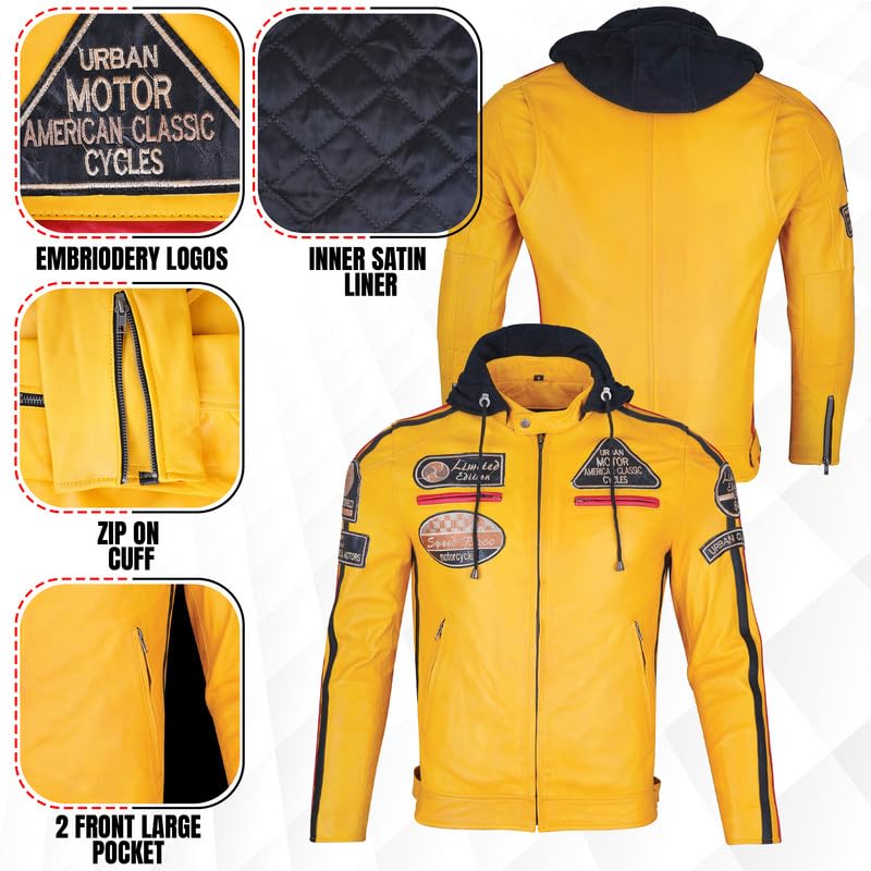 URBAN 5884 58-Gents skórzana kurtka motocyklowa, całkowicie zdejmowane ochraniacze, Żółty, 5XL