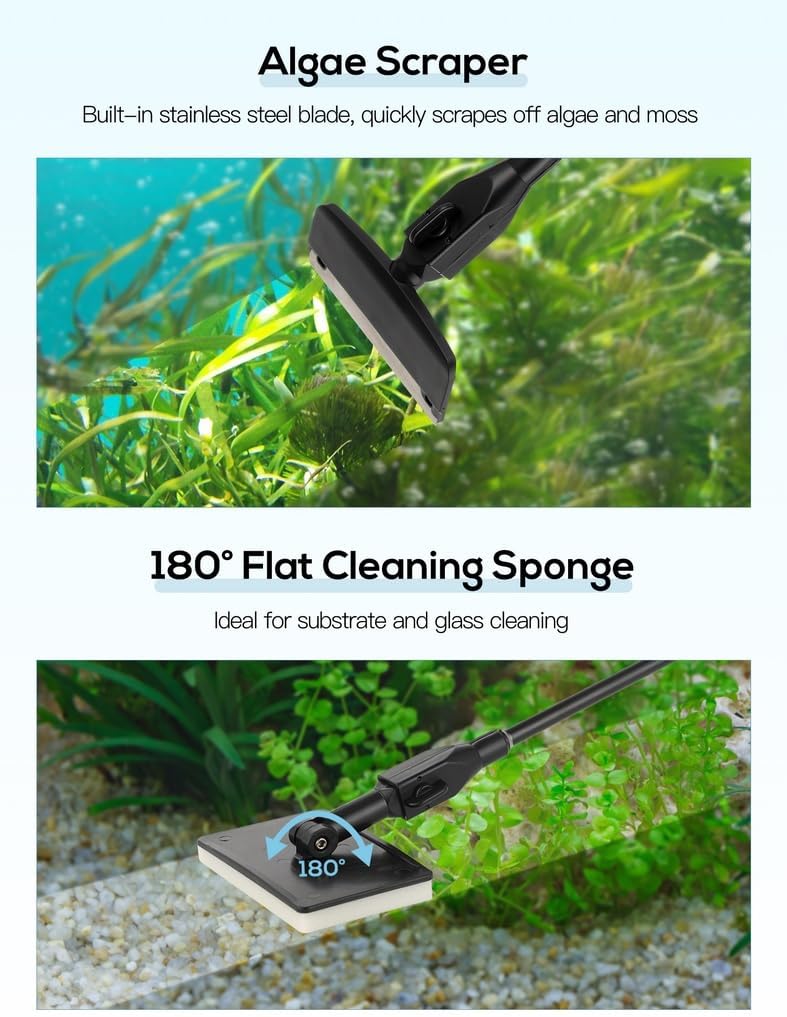6-in-1 Aquarium Tank Cleaning Set with Telescoping 34 in Rod, Net, Scrapers, Sponge Brushes, Algae Brush & Sand Rake Tools