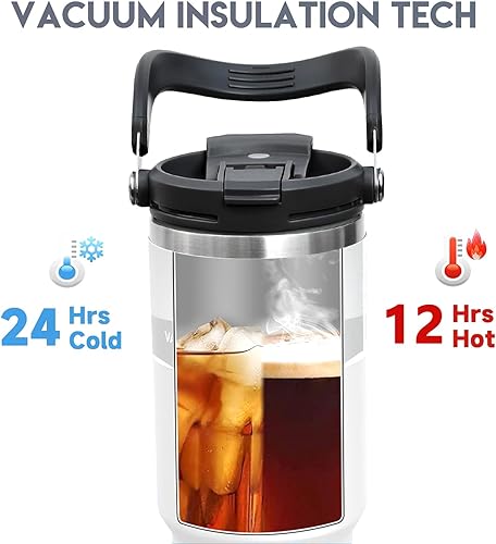 Miniatura 2 de Vaso de 30 onzas con asa y popote abatible, botella de agua aislada al vacío, taza de café de acero inoxidable de doble pared, taza de viaje, a