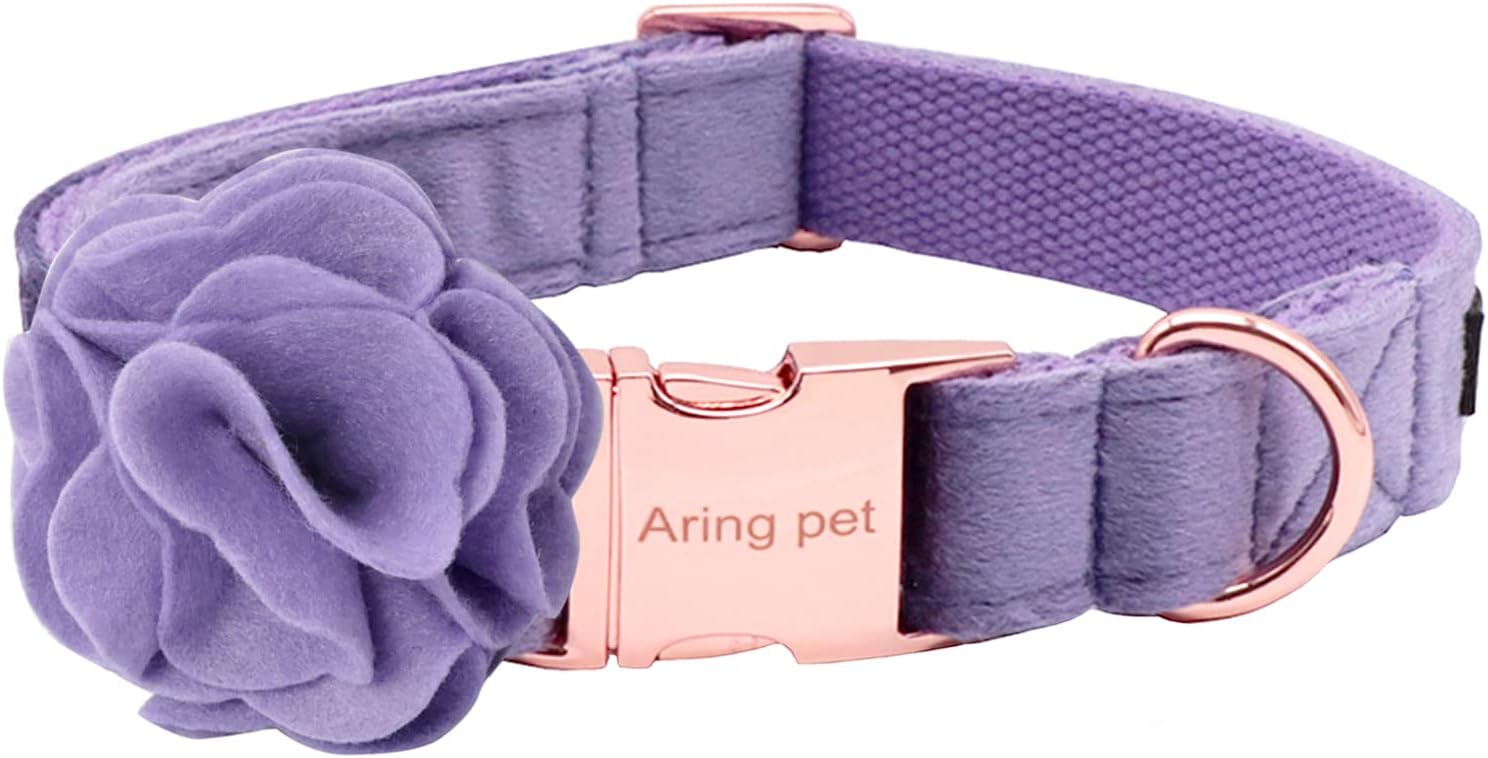ARING PET Velvet Dog Collar, Purple Dog Collars with Detachable Felt Flower, Adjustable Soft Comfortable Dogs Collar Flower with Metal Buckle for Small Medium Large Dogs