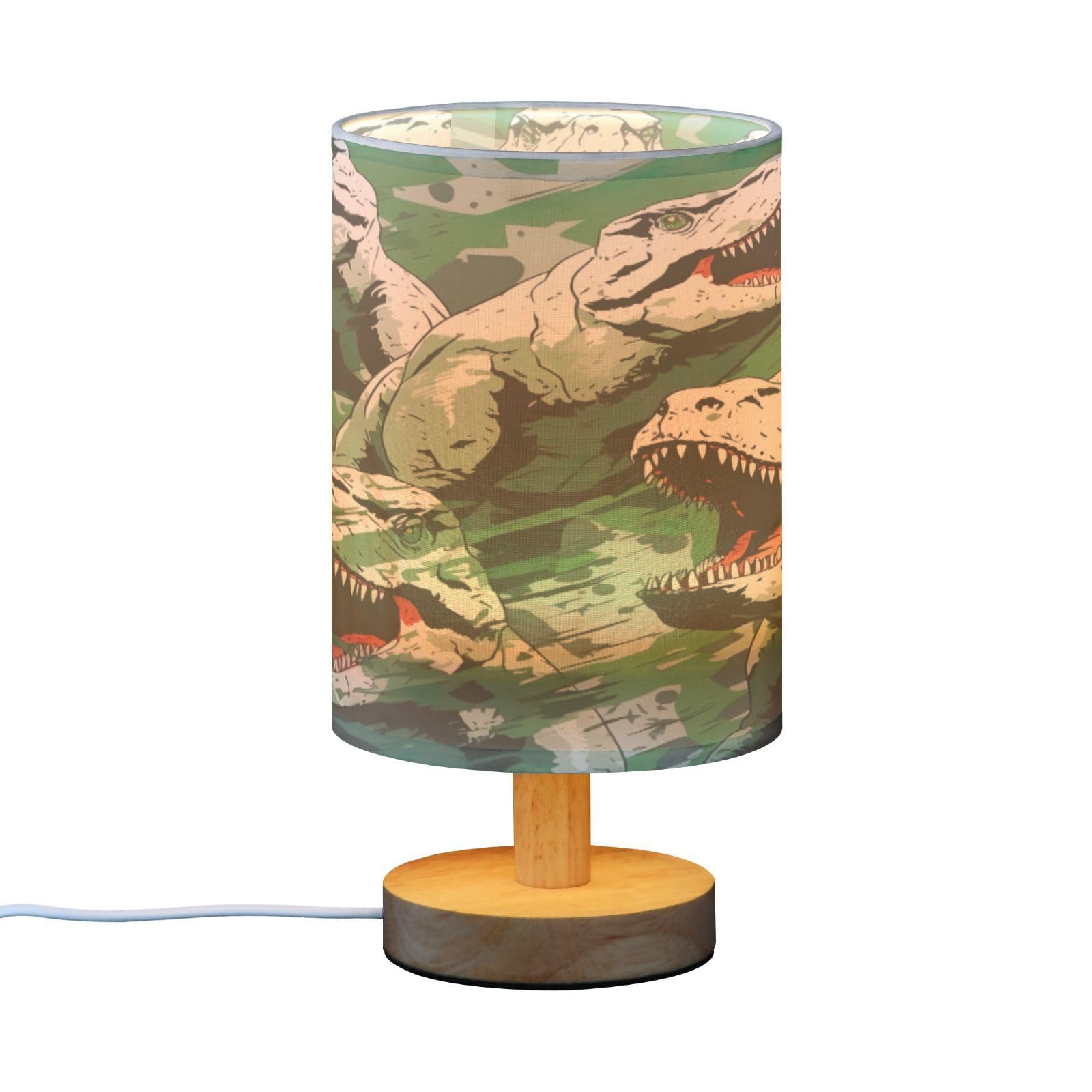 SDMKA Cartoon Camo Dinosaur Bedside Table Lamp for Bedroom, Minimalist Nightstand Lamp with Round Fabric Shade for Living Room, Office, No Bulb Required