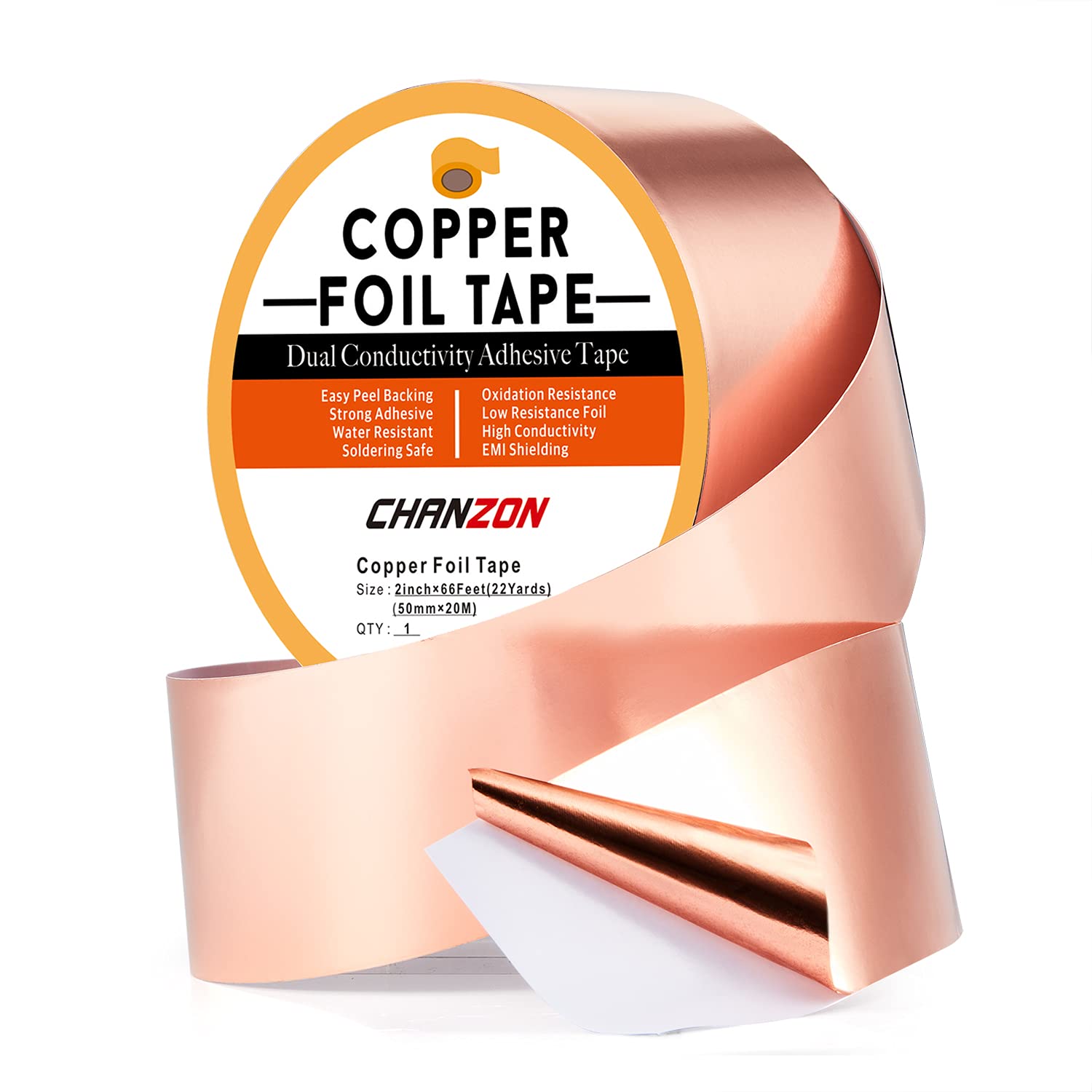 CHANZON Copper Foil Tape 50mm 2 inch x 66ft Double Sided Conductive Adhesive,for EMI & RF Shielding,Electric,Slug & Snail Deterrent,Guitars,Soldering,Grounding,Repair,Crafts,Paper Circuits