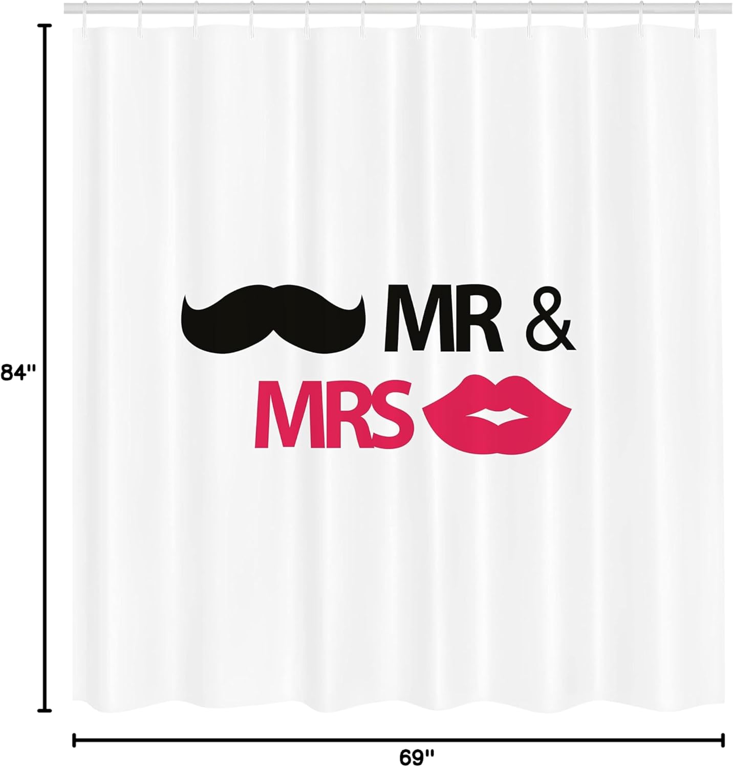 Ambesonne Wedding Shower Curtain, Funny Art Lips Moustache Mr and Mrs Retro Design Art Print, Cloth Fabric Bathroom Decor Set with Hooks, 69" W x 84" L, Pink Black