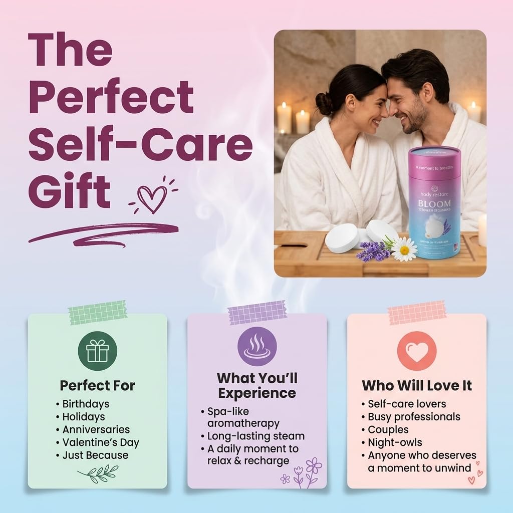 Body Restore Shower Steamers Aromaterapy zestaw 6 sztuk – relaksujące prezenty urodzinowe dla kobiet i mężczyzn, akcesoria podróżne, ulga w stresie i samoopieka - Bloom
