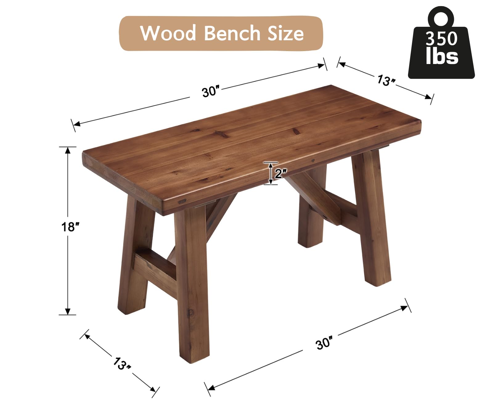 chairus Farmhouse Solid Wood Bench, 30" Entryway Bench Seat Rustic Narrow Dining Room Bench for Kitchen/Living Room/Bedroom/Entrance/Small Apartment, Walnut