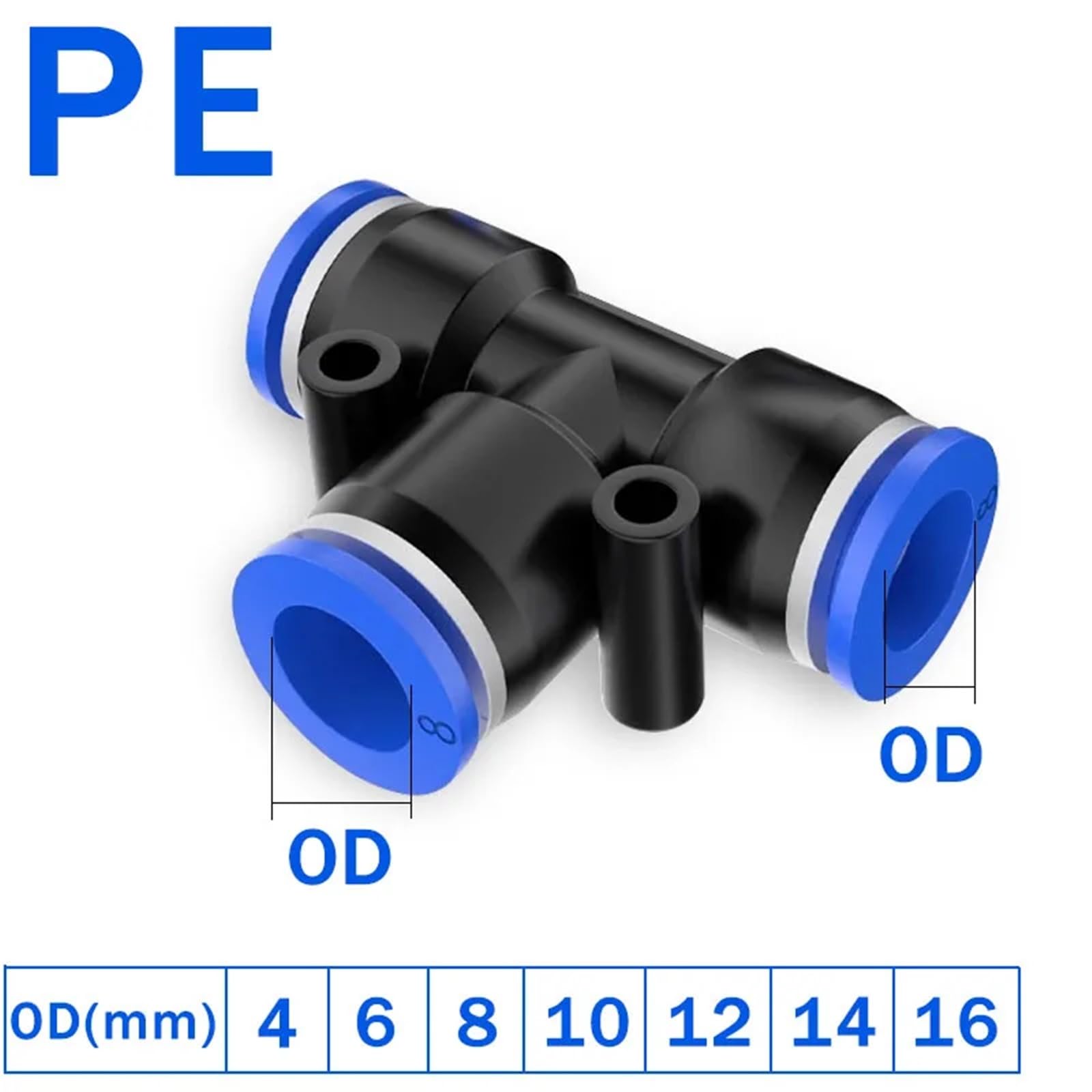 Conectores neumáticos de aire de 4, 6, 8, 10 y 12 mm, conexión rápida en T, 3 vías, de plástico, 100 unidades, PE, PU, ​​PG, PY, PW(6mm(100pcs),PE)