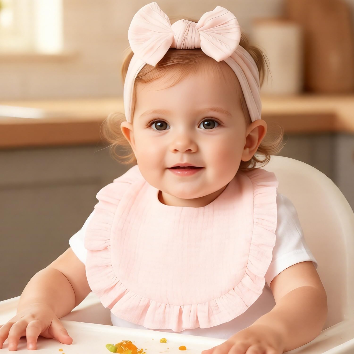 Baby Headband and Dribble Bib Set, Soft Cotton Hairband And Drool Bib for Newborns and Toddlers(Light Pink) - Image 2