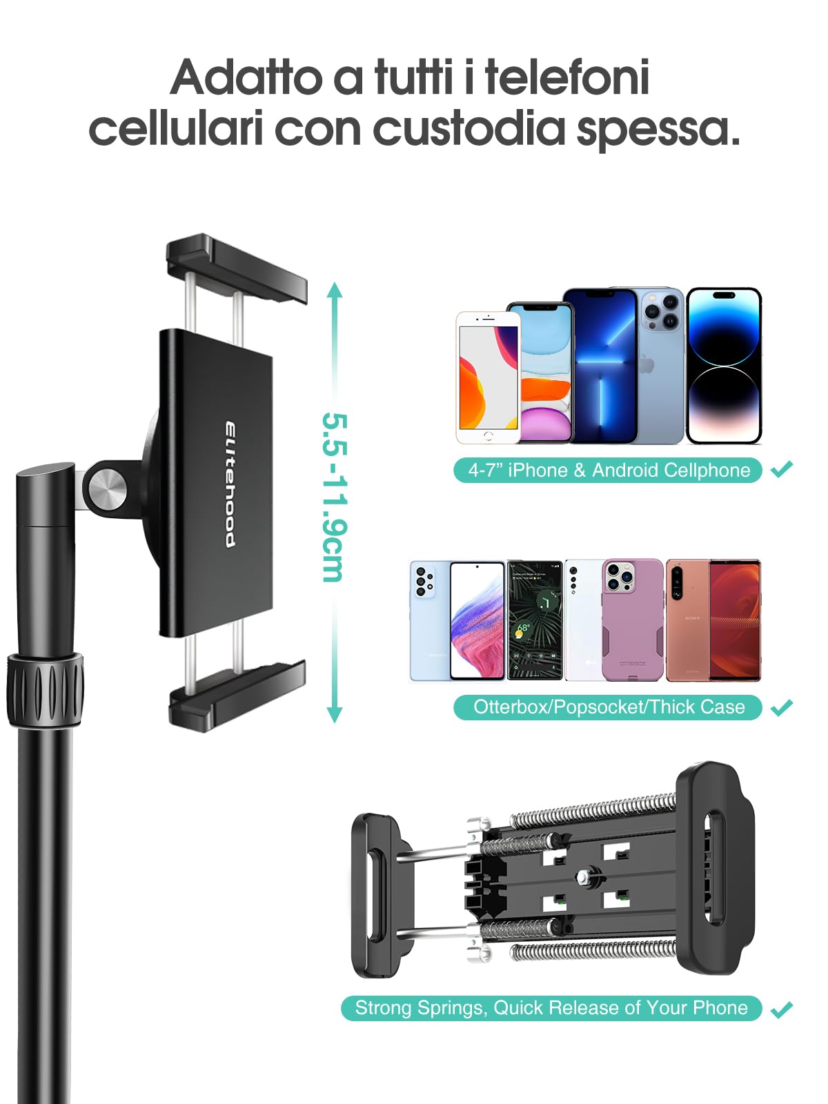 Treppiede Per Cellulare Elitehood - 180 Cm, Braccio Lungo 63,5 Cm, Testa A Sfera 360° - Foto 7