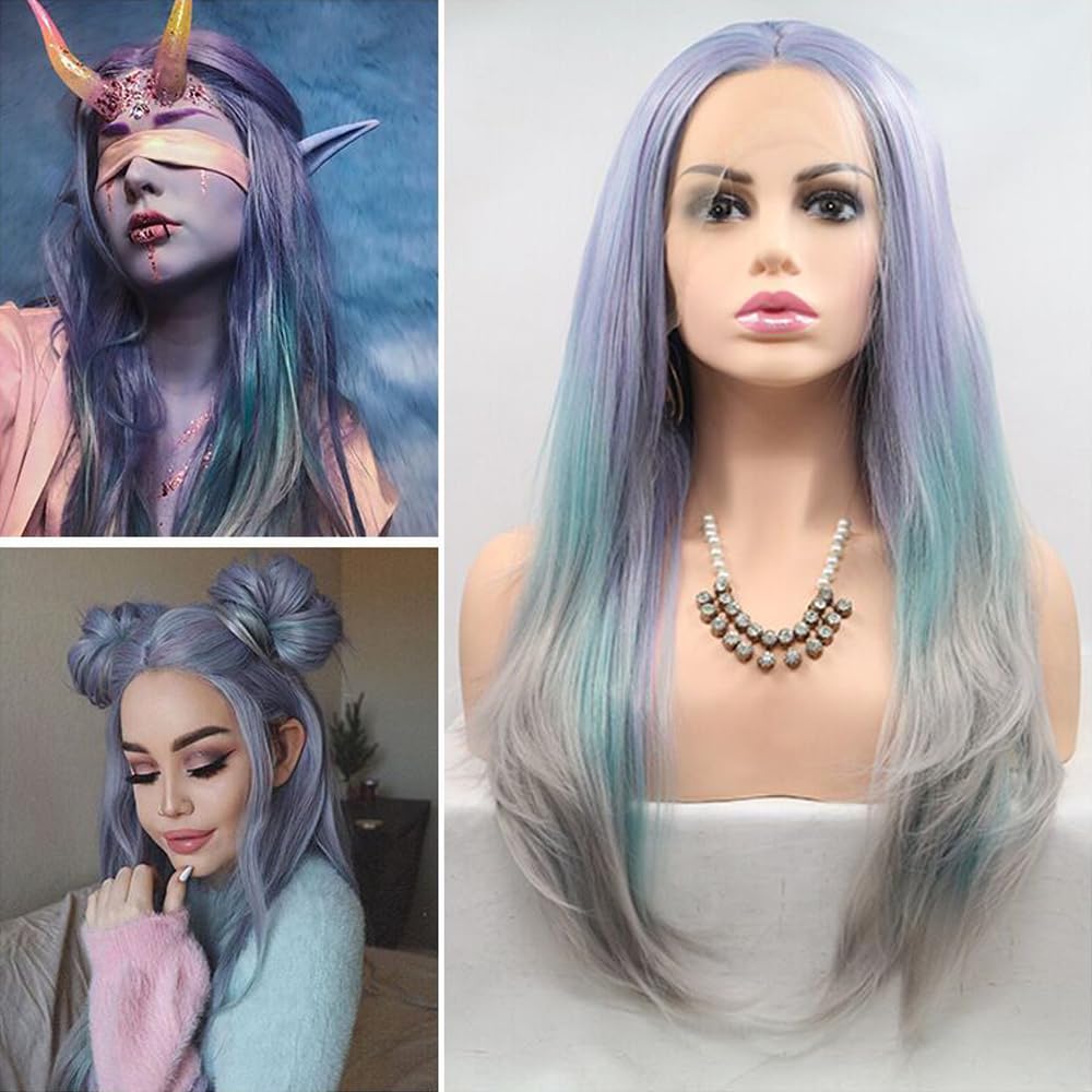 Xiweiya Light Purple Lace Wigs 13x3 Lace Mixed Purple Ombre Blue Grey Lace Front Wigs Long Silky Straight Colorful Hair Synthetic Lace Wig Heat Resistant Fiber Hair for Women Drag Queen Cosplay 24inch - Image 2